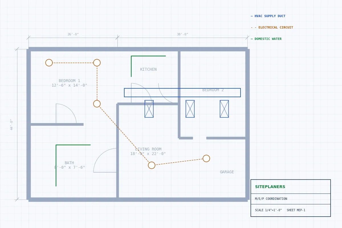 MEP plan showing HVAC duct, electrical circuits and plumbing lines