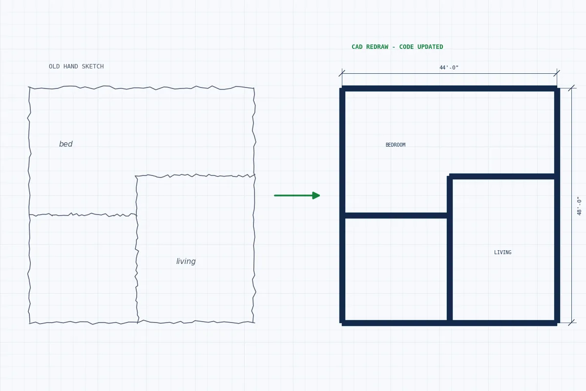 Old hand-drawn plan redrawn in CAD for permit approval