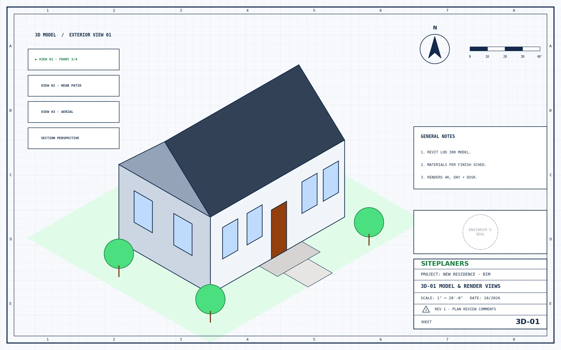 3D BIM model of a house with render views list