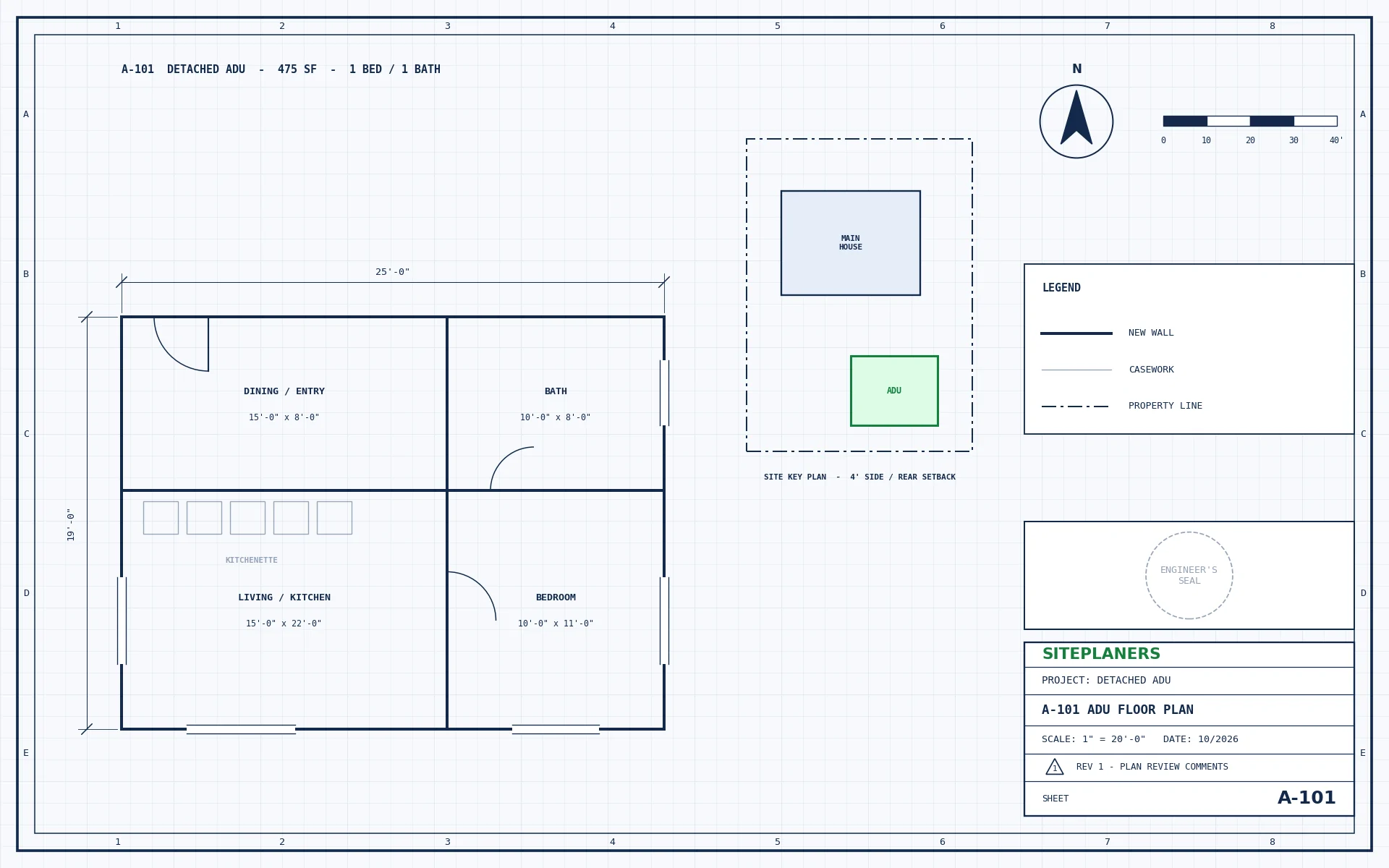 Detached ADU floor plan with site key plan and setbacks