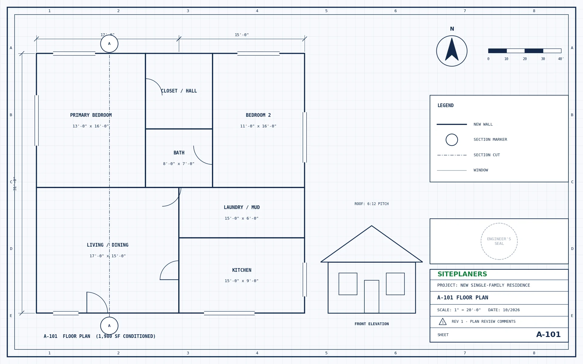 Architectural floor plan permit sheet with rooms, dimensions and front elevation