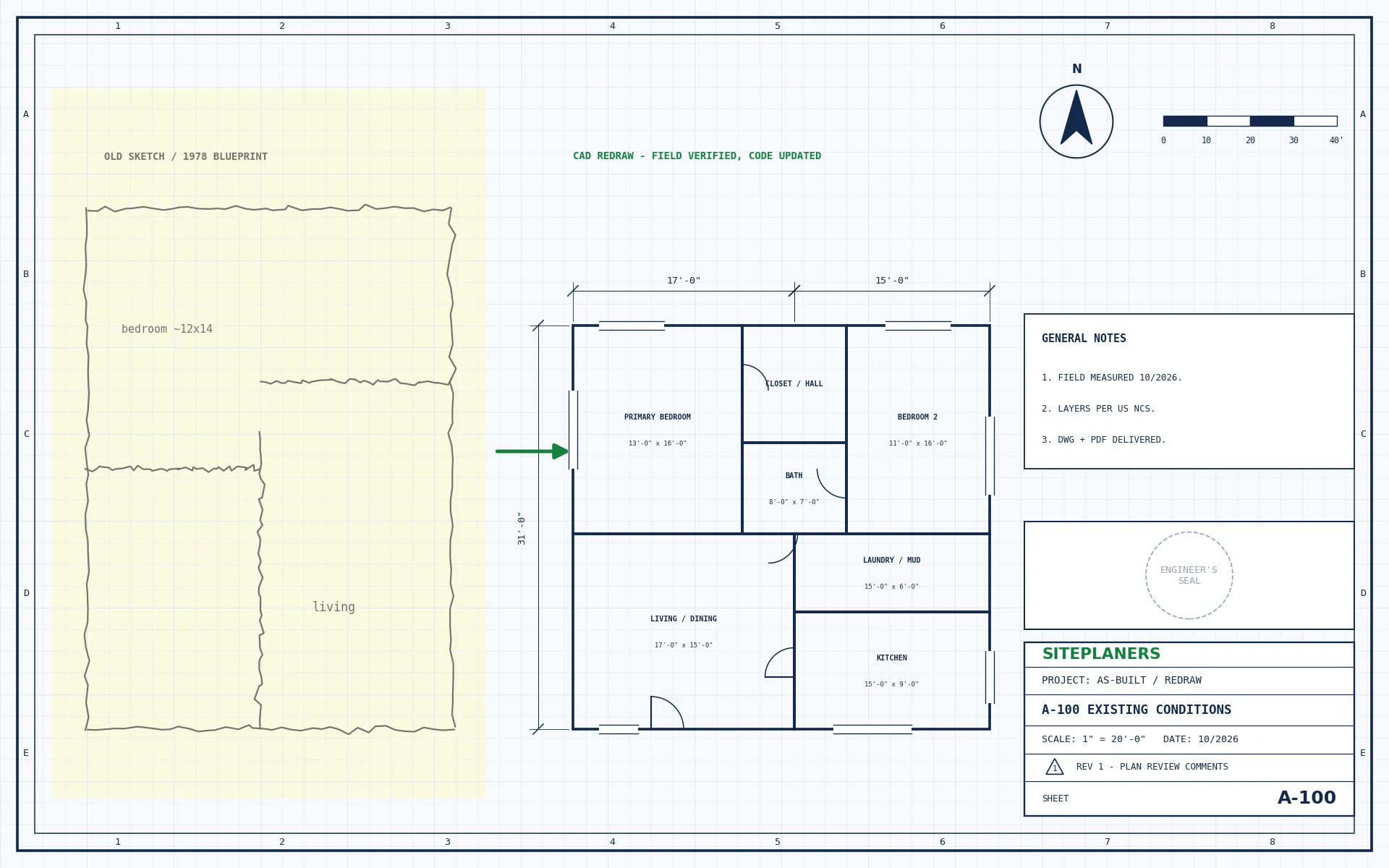 Old hand sketch redrawn as a clean CAD as-built floor plan