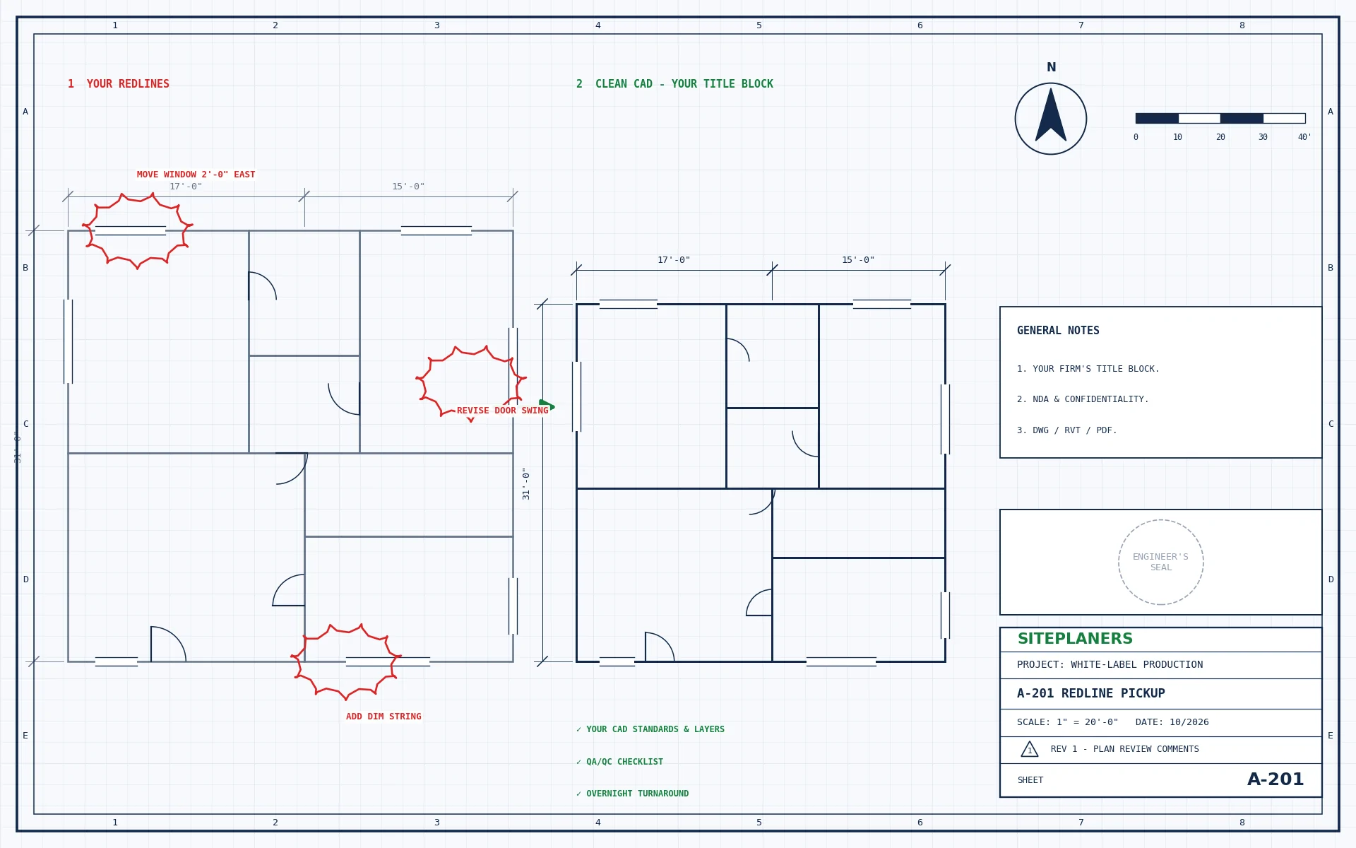 Redline markups converted to a clean CAD drawing in the client title block
