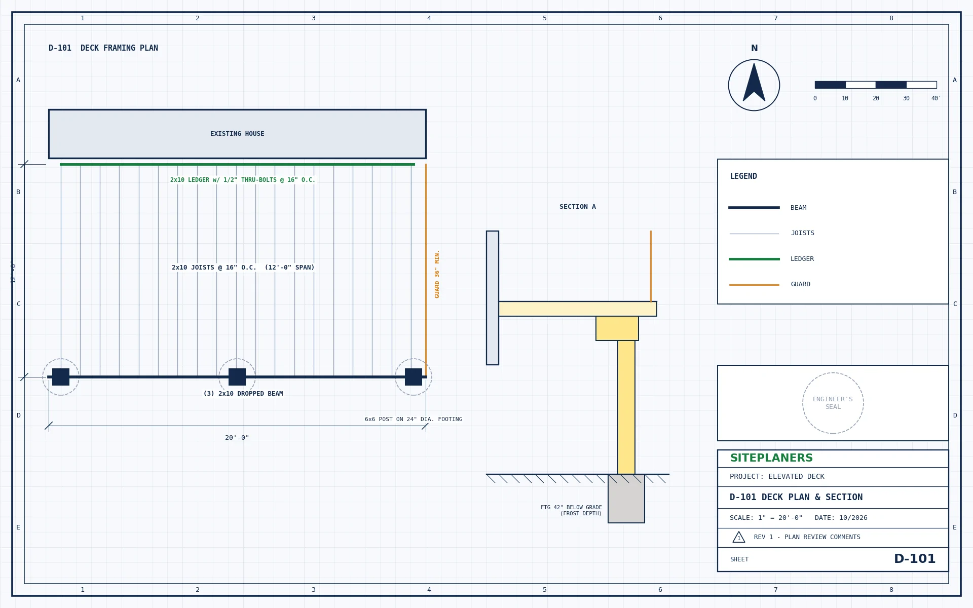 Deck framing plan and section with ledger, joists, beam, posts and footing