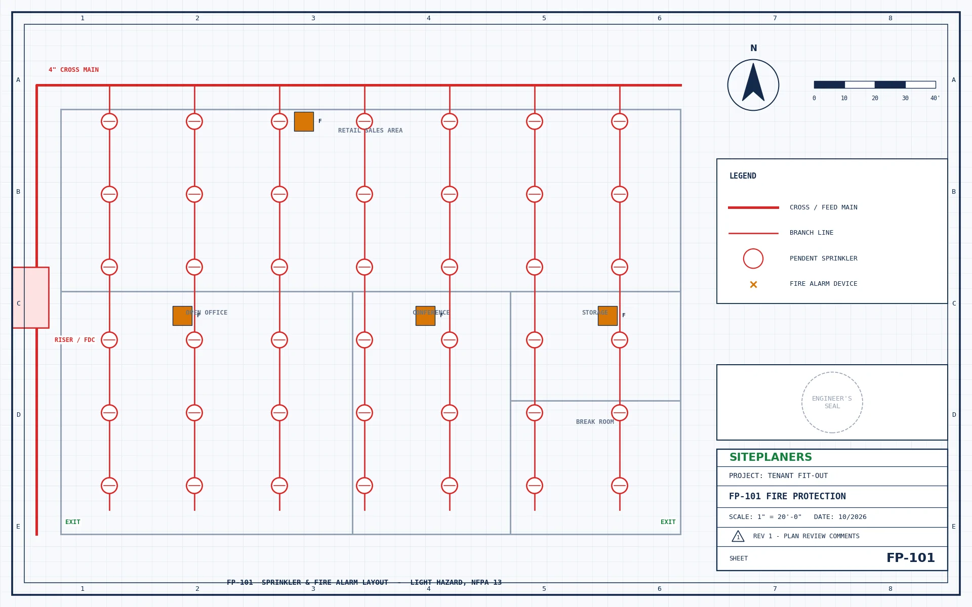 Fire sprinkler and fire alarm layout plan for a commercial tenant space