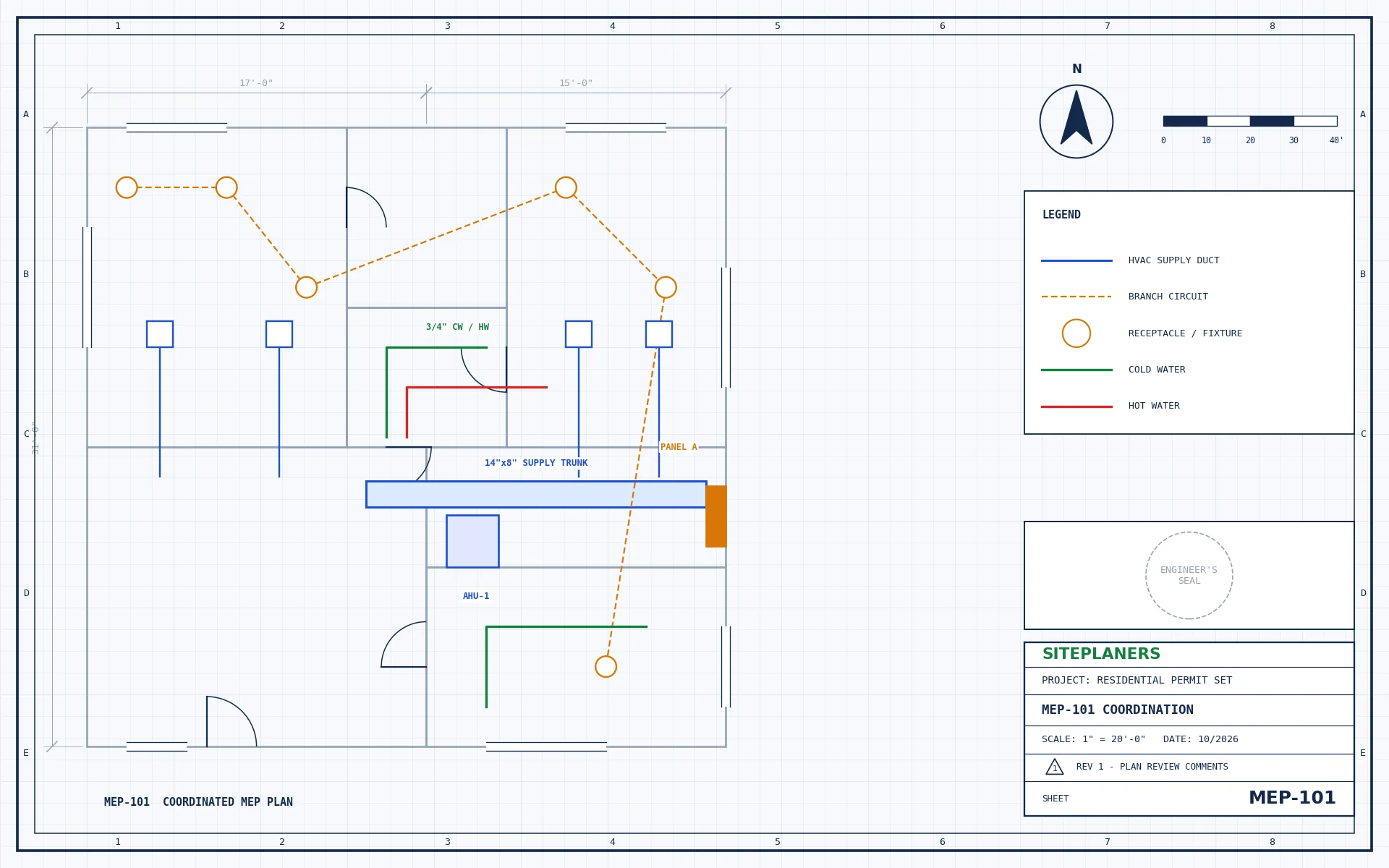 Coordinated MEP plan with HVAC duct, electrical circuits and plumbing