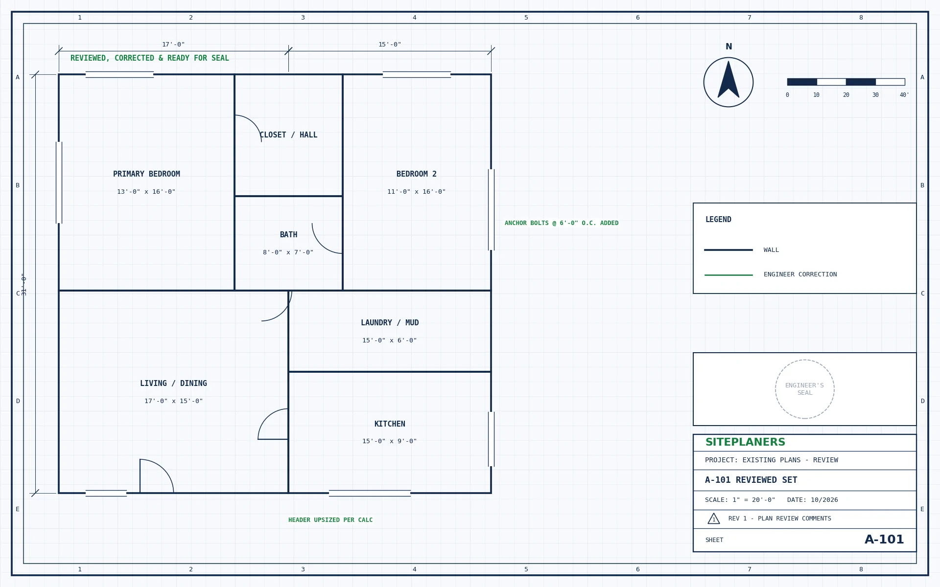 Existing plan sheet reviewed and corrected by an engineer before sealing