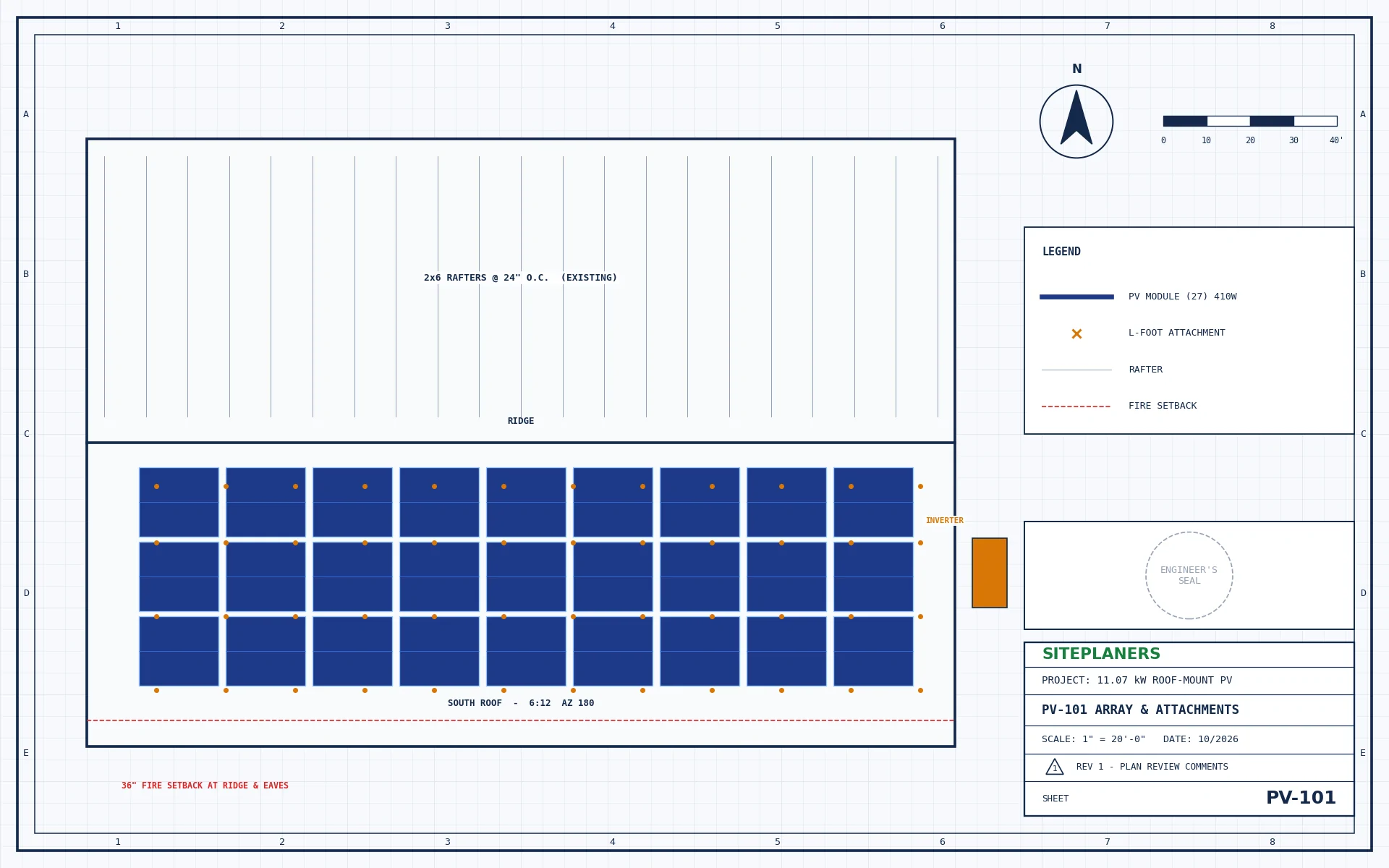 Rooftop solar array layout with attachments, rafters and fire setbacks